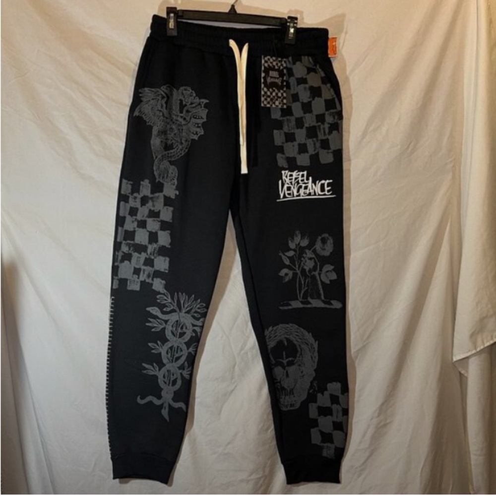 Rebel Vengeance Black XL Mens Jogger Sweatpants Embroidered Drawstring NWT